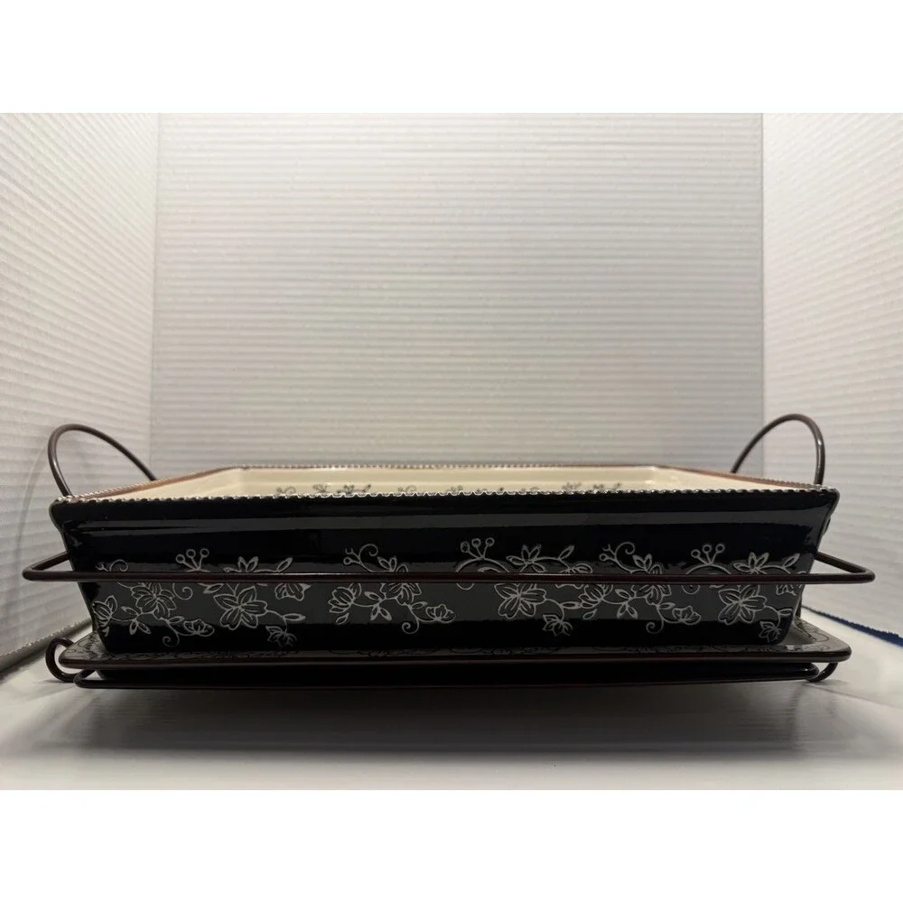 Temp-tations Floral Lace 13x9 Baking Dish Black Brown 4 QT Rack,Lid Hot Plate